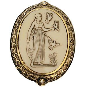 Edgar Berebi Gold Tone Clear Rhinestone Helen of Troy Resin Cameo Brooch, Signed